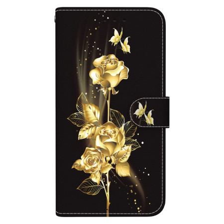 Läderskal Fodral Oppo Reno 12f 5g Guld Och Rosa Fjärilar Med Rem