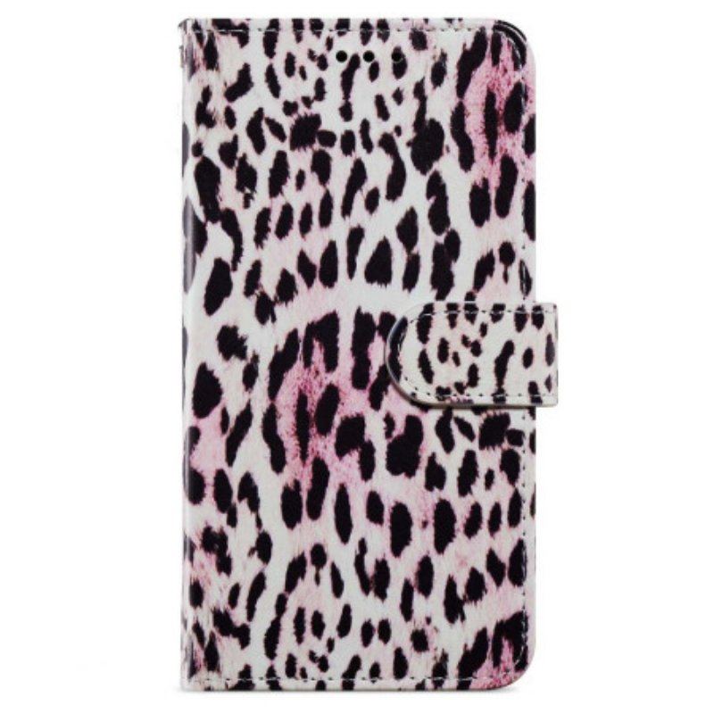 Folio-fodral iPhone 15 Plus Med Kedjar Leopardhudeffekt Med Rem