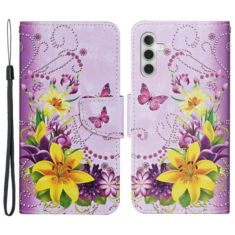 Fodral Samsung Galaxy A15 5g Gula Blommor Och Fjärilar Med Rem