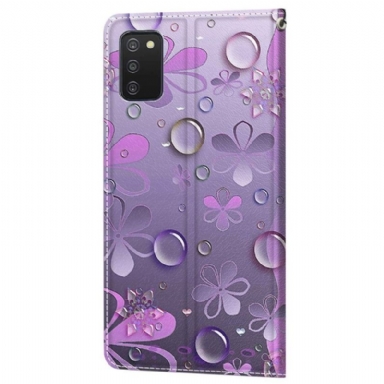 Läderfodral För Samsung Galaxy A03s Violett Blommor Illustration