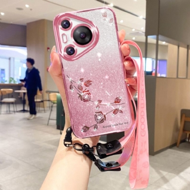 Skal För Huawei Pura 70 Pro Blommor Och Strass Med Snöre