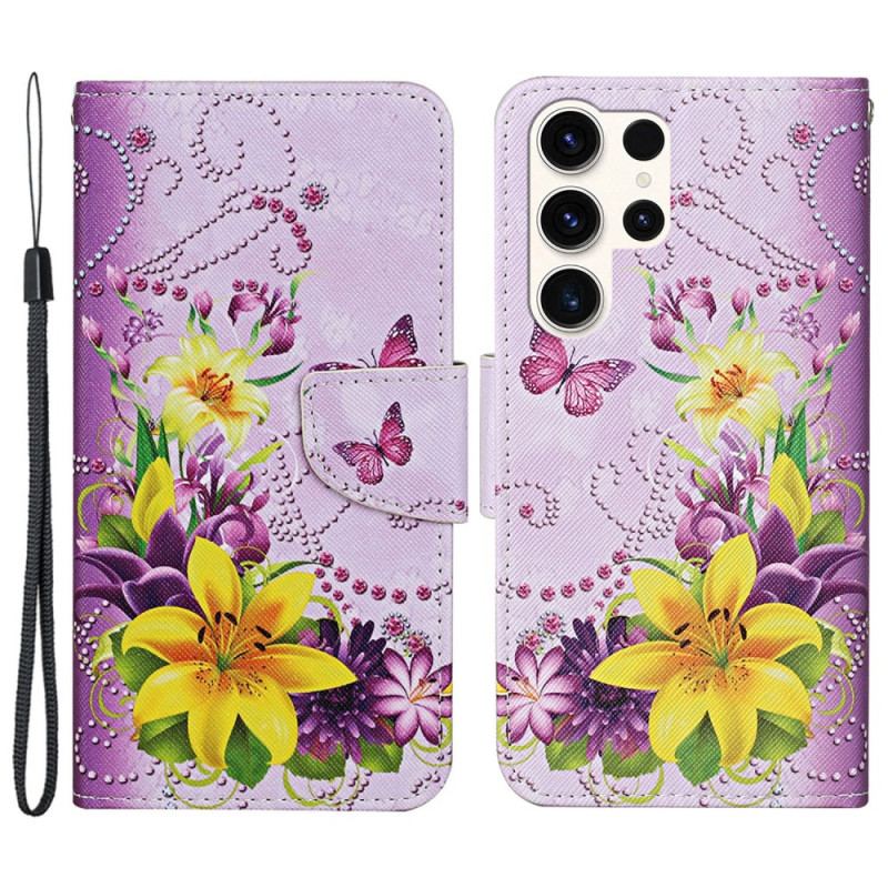 Fodral Samsung Galaxy S24 Ultra 5g Gula Blommor Och Fjärilar Med Rem