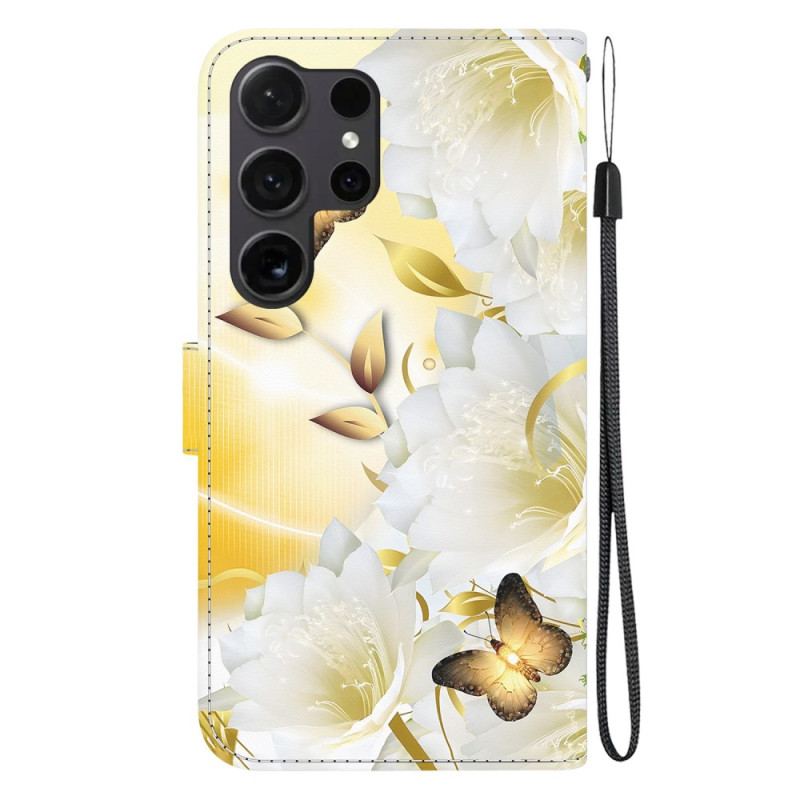 Fodral Samsung Galaxy S24 Ultra 5g Gyllene Fjärilar Och Vita Blommor Med Rem