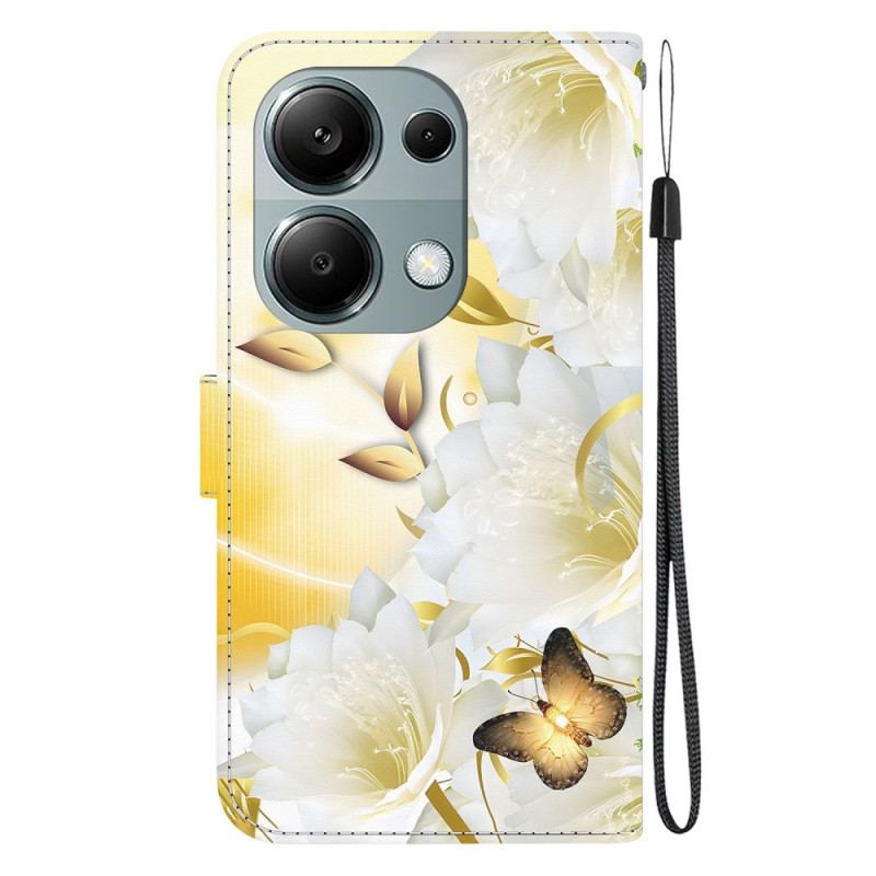 Fodral Xiaomi Redmi Note 13 Pro 4g Gyllene Fjärilar Och Vita Blommor Med Rem