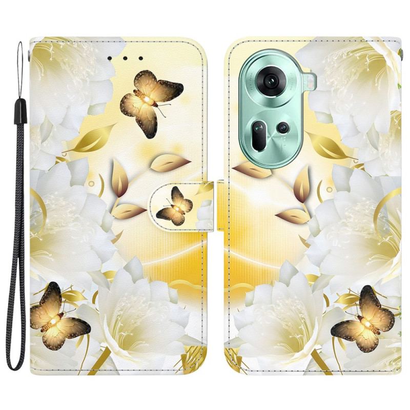 Fodral För Oppo Reno 11 5g Gyllene Fjärilar Och Blommor Med Rem