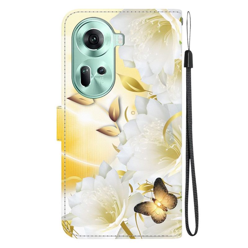 Fodral För Oppo Reno 11 5g Gyllene Fjärilar Och Blommor Med Rem