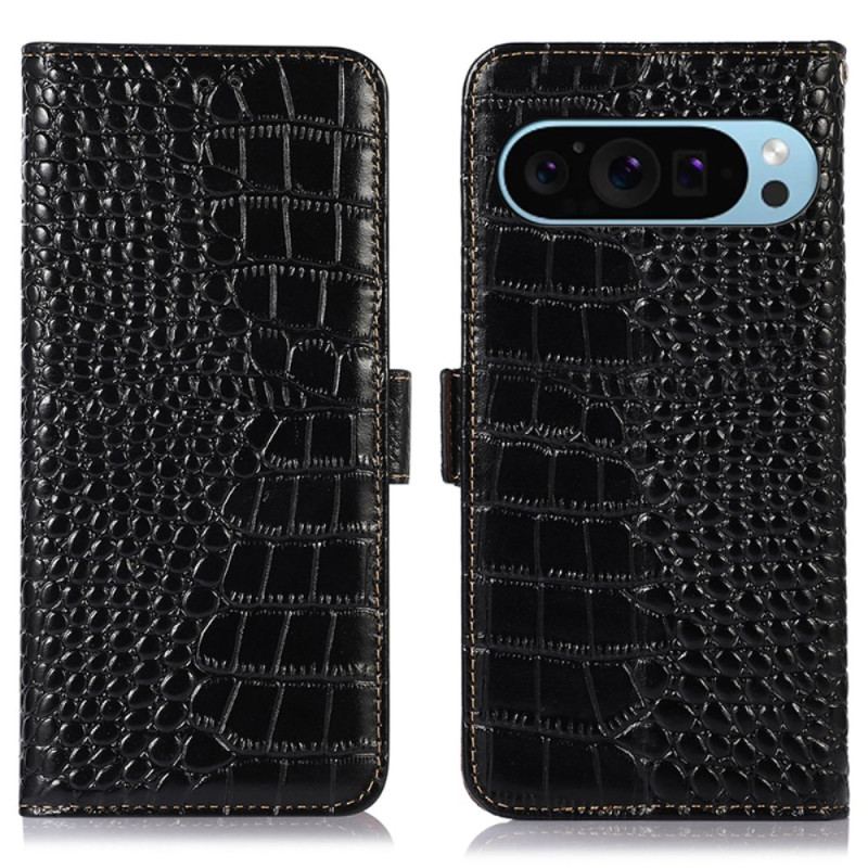 Läderfodral Google Pixel 9 Telefonfodral Crocodile Texture Rfid Blockering