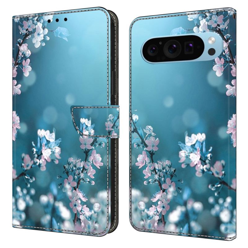 Läderfodral Google Pixel 9 Telefonfodral Plommonblommor