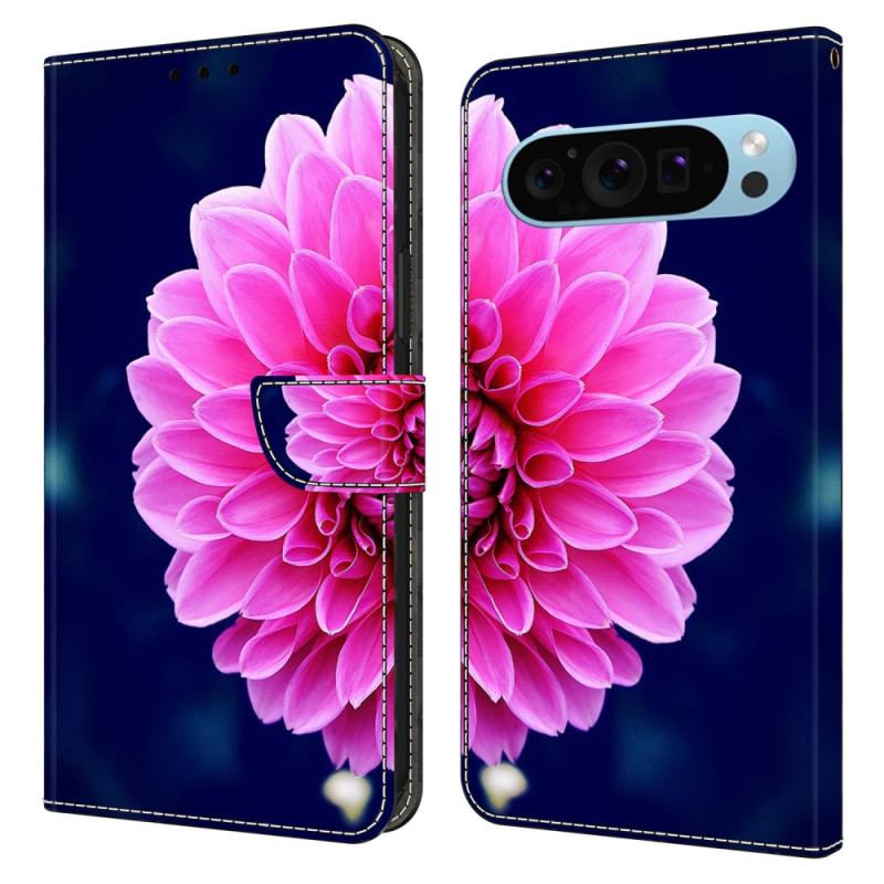 Läderfodral Google Pixel 9 Telefonfodral Rosa Blomma På Blå Bakgrund