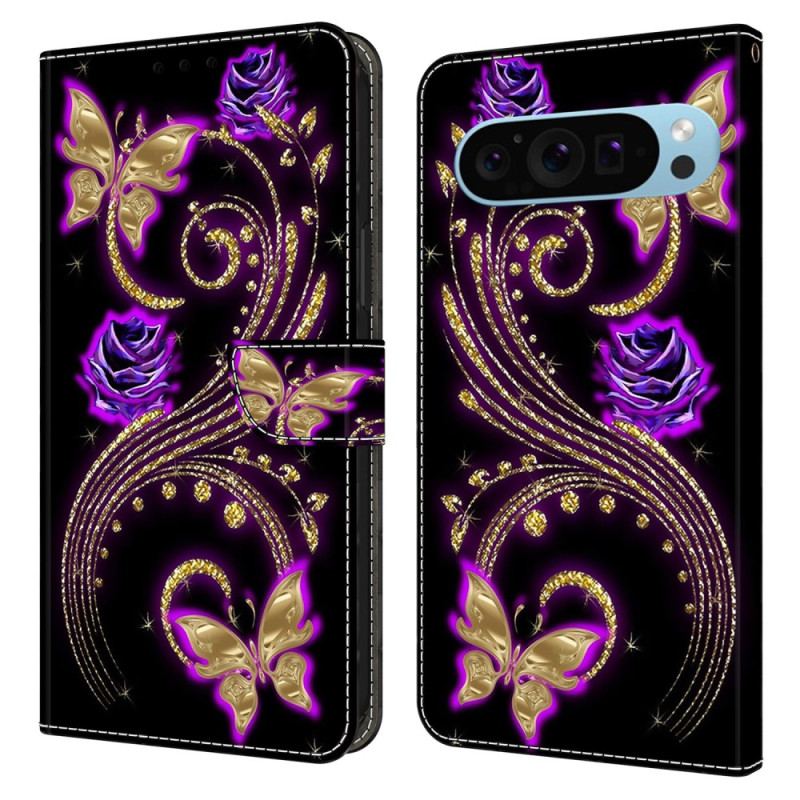 Läderfodral Google Pixel 9 Telefonfodral Violettblommor Och Fjärilar