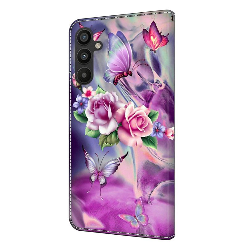 Fodral Samsung Galaxy A15 Lila Fjärilar Och Blommor