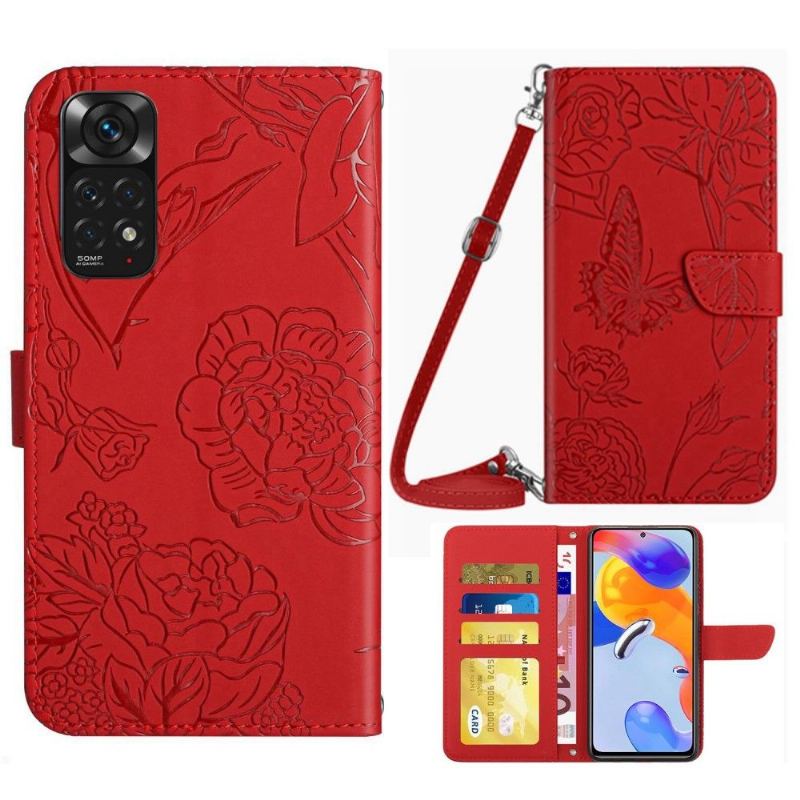 Fodral För Xiaomi Redmi Note 11 / Note 11S Hemming Illustration Fjäril Och Blommor Rem