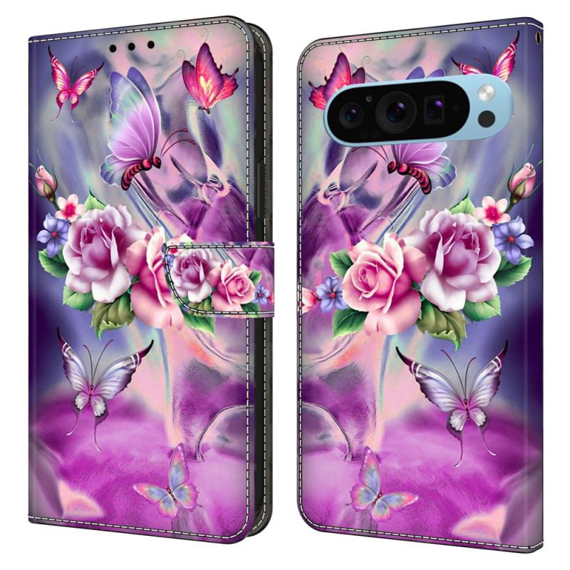 Läderfodral Google Pixel 9 Pro Xl Telefonfodral Lila Fjärilar Och Blommor