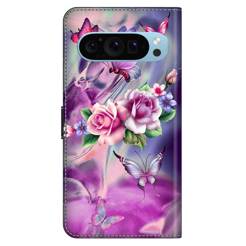 Läderfodral Google Pixel 9 Pro Xl Telefonfodral Lila Fjärilar Och Blommor