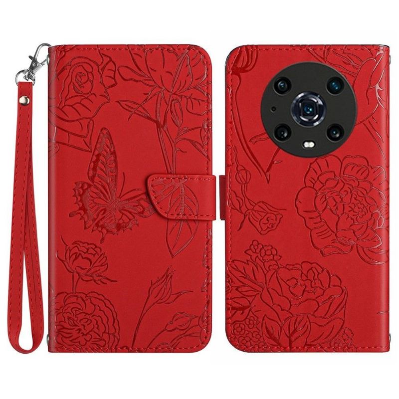 Folio-fodral För Honor Magic 4 Pro Illustration Fjäril Och Blommor Rem