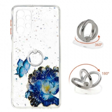 Skal För Samsung Galaxy A32 5G Blå Blommor Och Fjärilar Med Ring