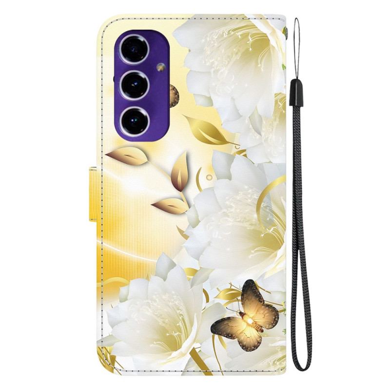 Läderskal Fodral Samsung Galaxy A16 5g Gyllene Fjäril Och Vita Blommor