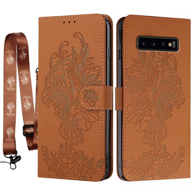 Läderfodral För Samsung Galaxy S10 Plus Tiger Design + Rem