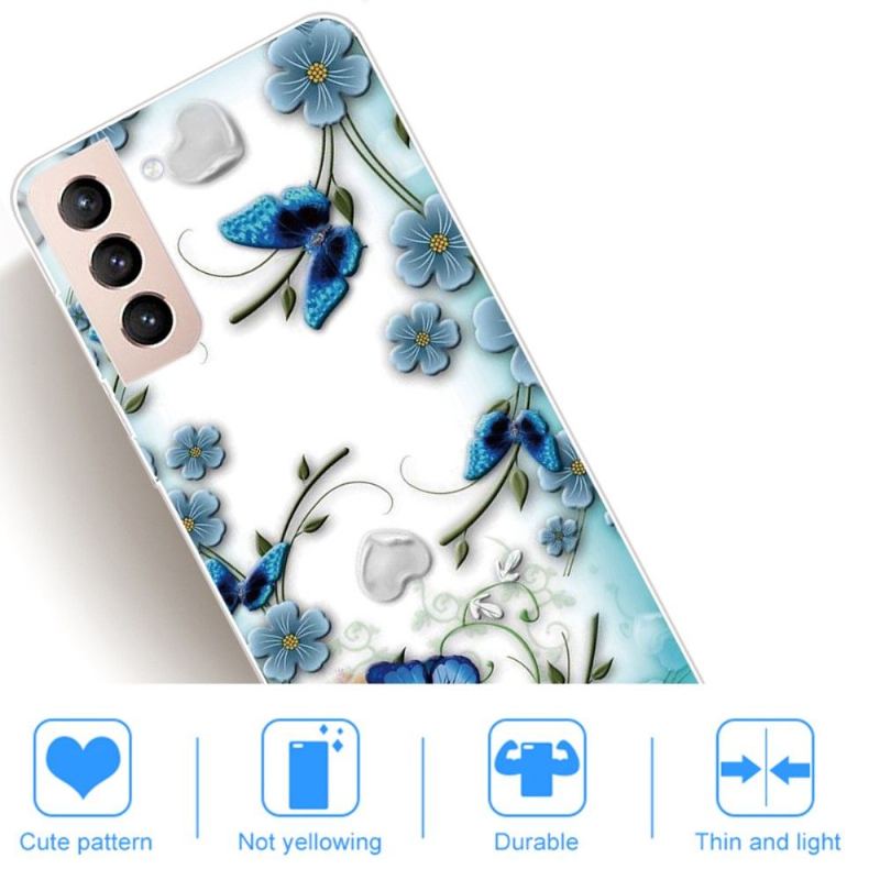 Skal För Samsung Galaxy S22 5G Blå Fjärilar Och Blommor