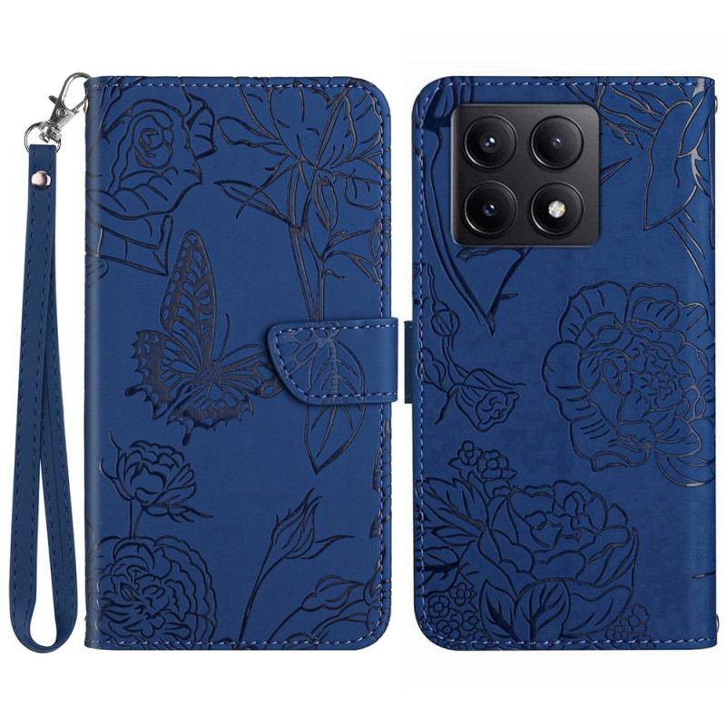 Fodral För Xiaomi 14t Pro Fjärilar Och Blommor Mönster Med Rem