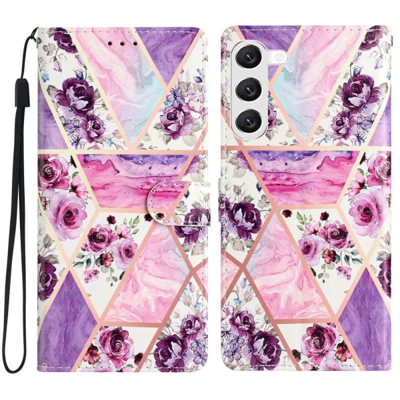 Läderfodral Samsung Galaxy S24 5g Telefonfodral Marmor Lila Blommor Med Rem