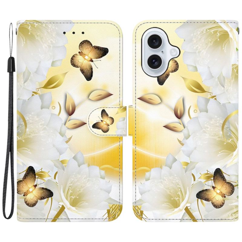 Läderfodral iPhone 16 Telefonfodral Gyllene Fjärilar Och Vita Blommor Med Rem