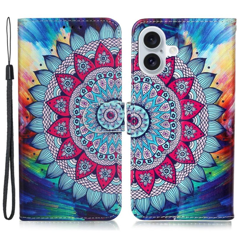 Läderskal Fodral iPhone 16 Fantastisk Mandala Med Rem