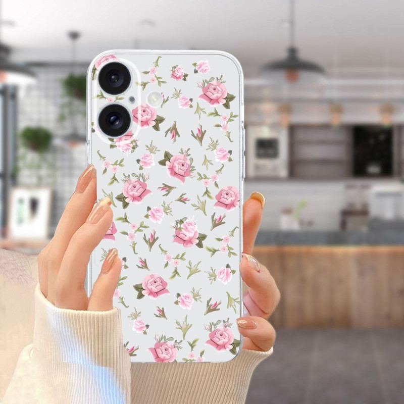 Skal iPhone 16 Transparent Edge Rosa Blommor