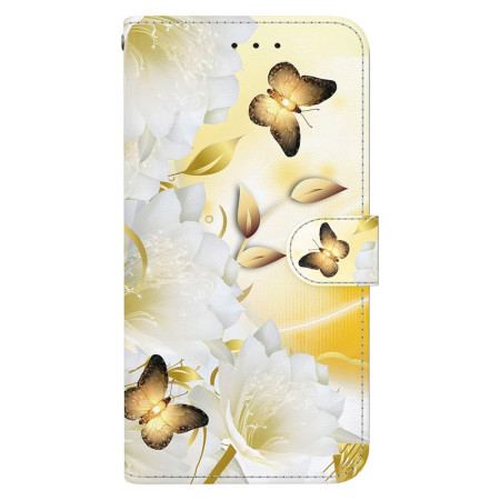 Läderfodral Xiaomi Redmi Note 13 5g Telefonfodral Gyllene Fjärilar Och Vita Blommor