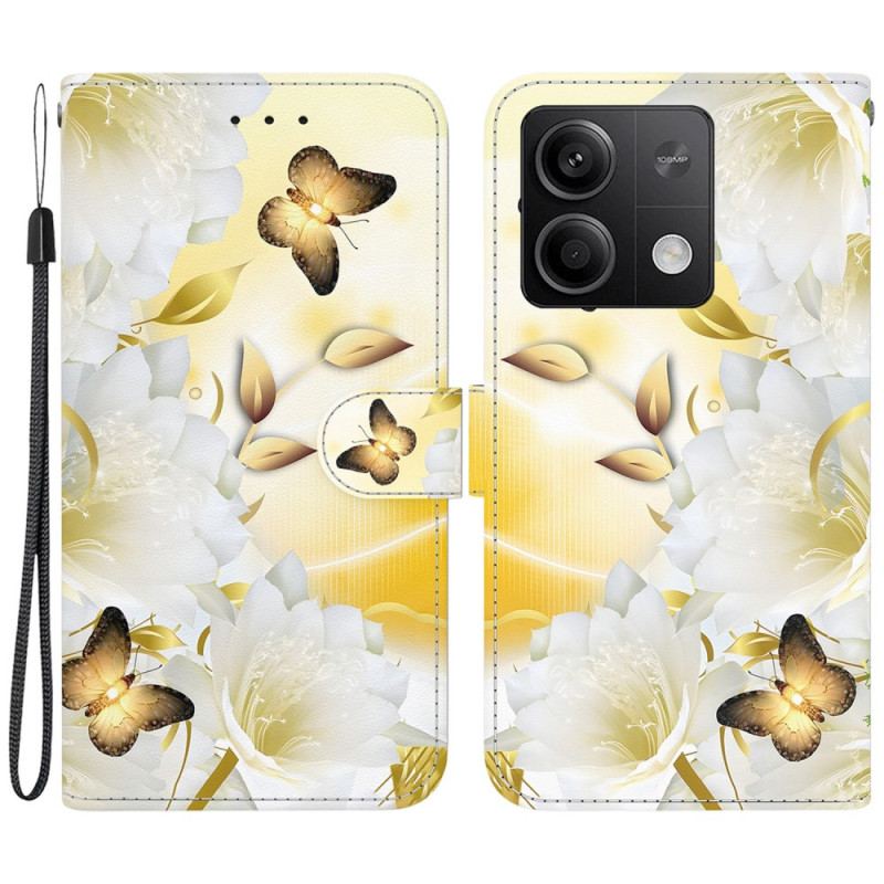 Läderfodral Xiaomi Redmi Note 13 5g Telefonfodral Gyllene Fjärilar Och Vita Blommor