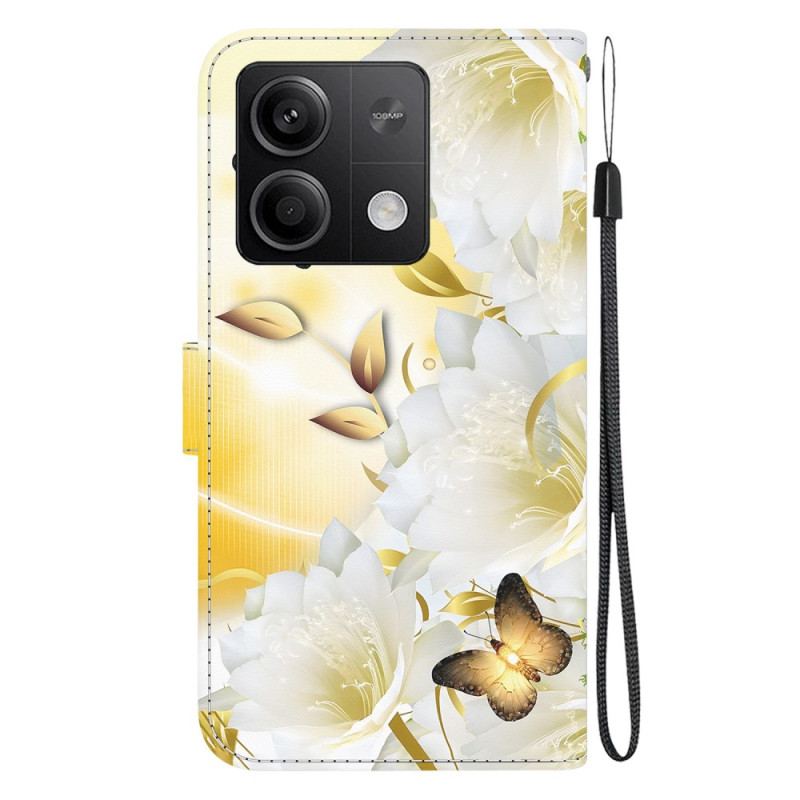 Läderfodral Xiaomi Redmi Note 13 5g Telefonfodral Gyllene Fjärilar Och Vita Blommor