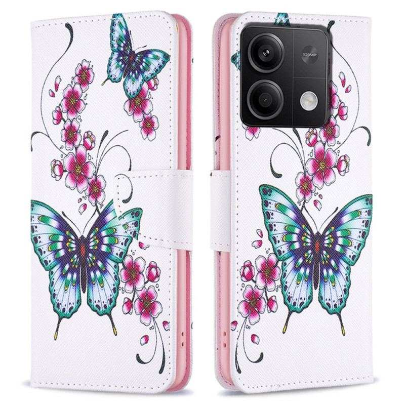 Läderskal Fodral Xiaomi Redmi Note 13 5g Blommande Persika Och Fjärilar