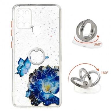 Skal För Samsung Galaxy A21s Blå Blommor Och Fjärilar Med Ring