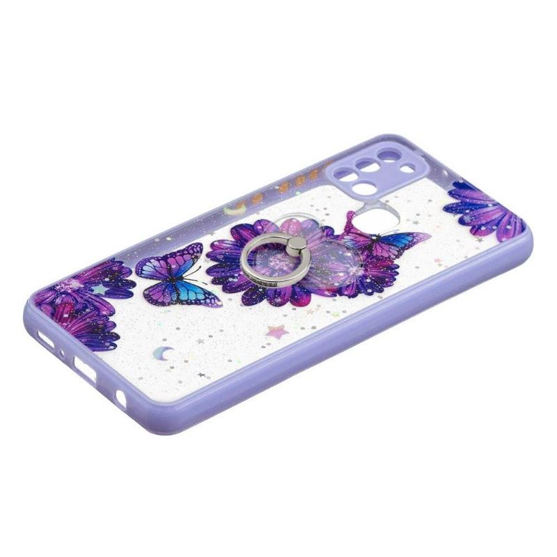 Skal För Samsung Galaxy A21s Lila Blommor Och Fjärilar Med Ring