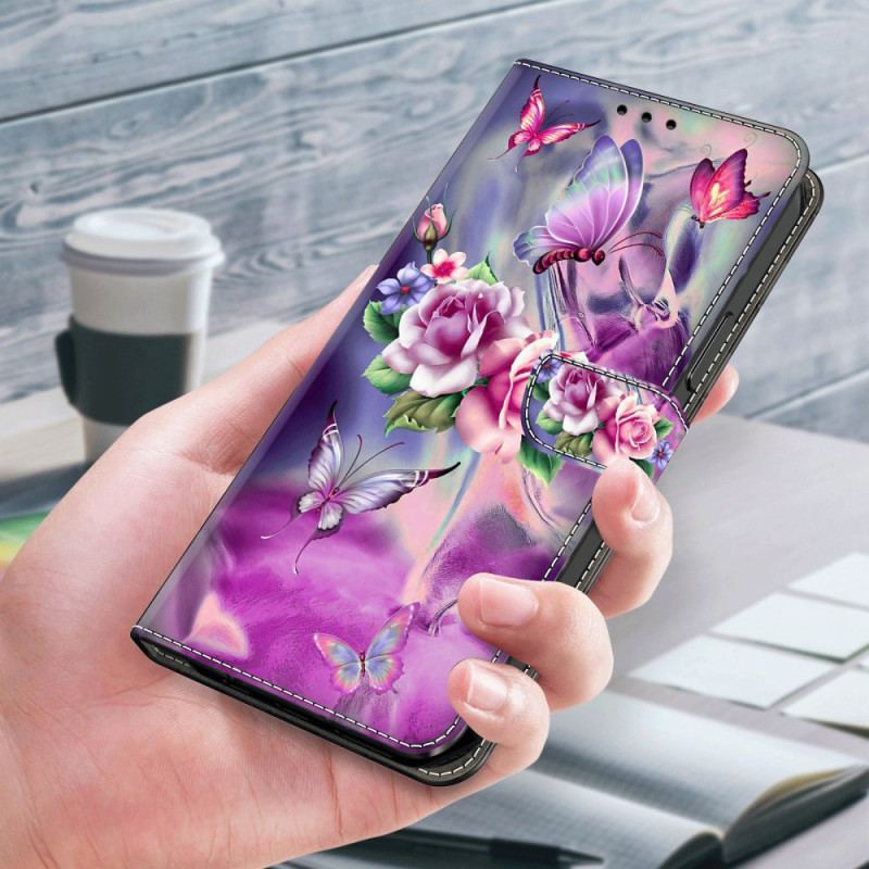 Läderfodral Xiaomi Redmi Note 13 4g Telefonfodral Fjärilar Och Violblommor