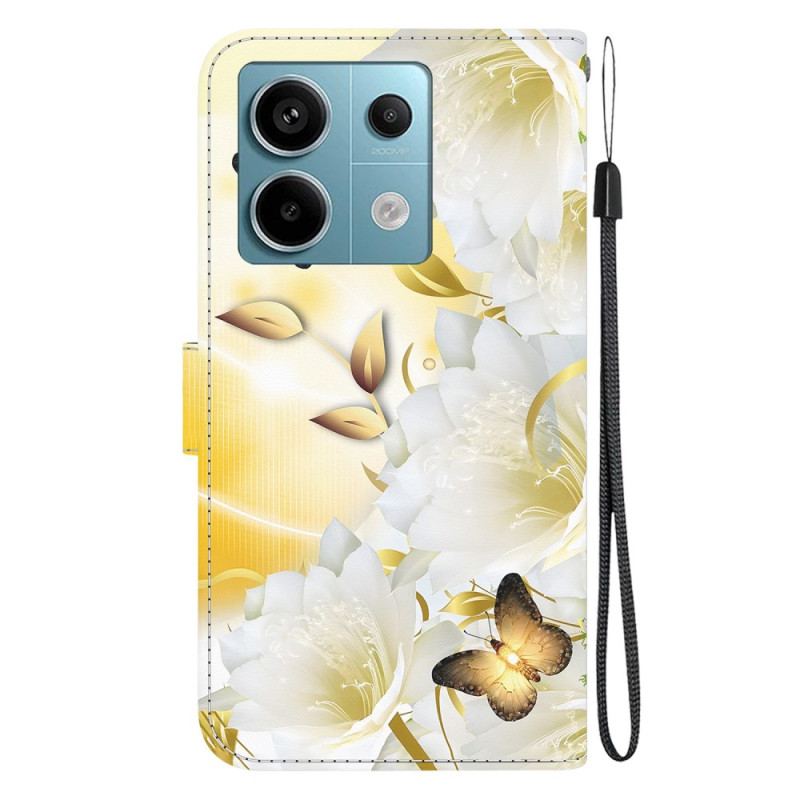 Skyddsfodral Xiaomi Redmi Note 13 Pro 5g Gyllene Fjärilar Och Vita Blommor Med Rem