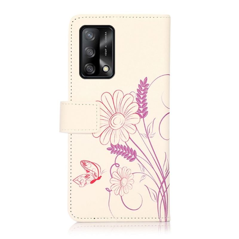 Folio-fodral För Oppo A74 4G Fallskydd Blommor Och Fjärilsillustration