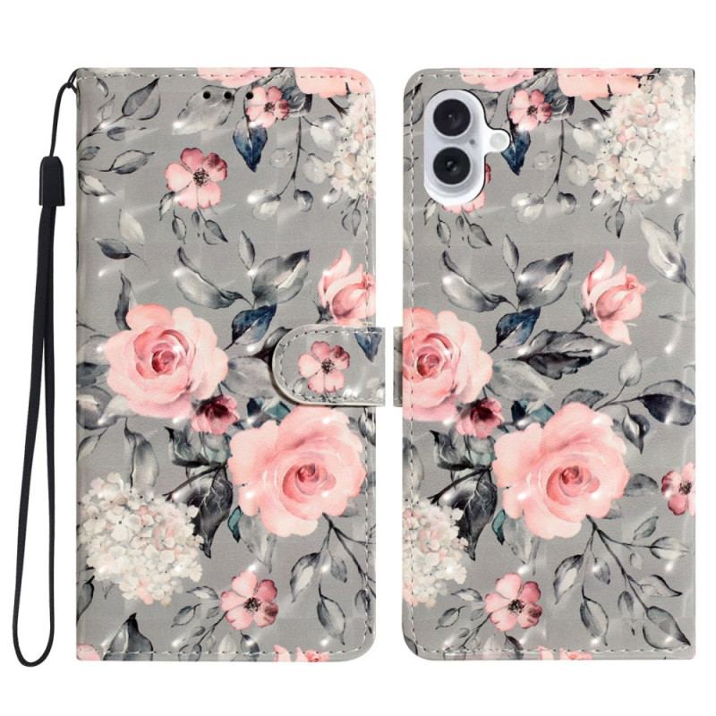 Fodral iPhone 16 Plus Rosa Blommor Med Rem