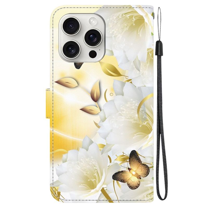 Fodral iPhone 16 Pro Gyllene Fjärilar Och Vita Blommor Med Rem