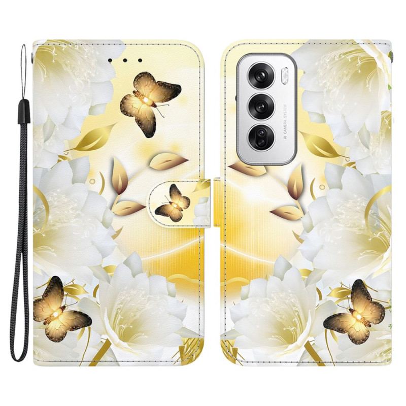 Läderfodral Oppo Reno 12 5g Telefonfodral Gyllene Fjärilar Och Blommor Med Rem