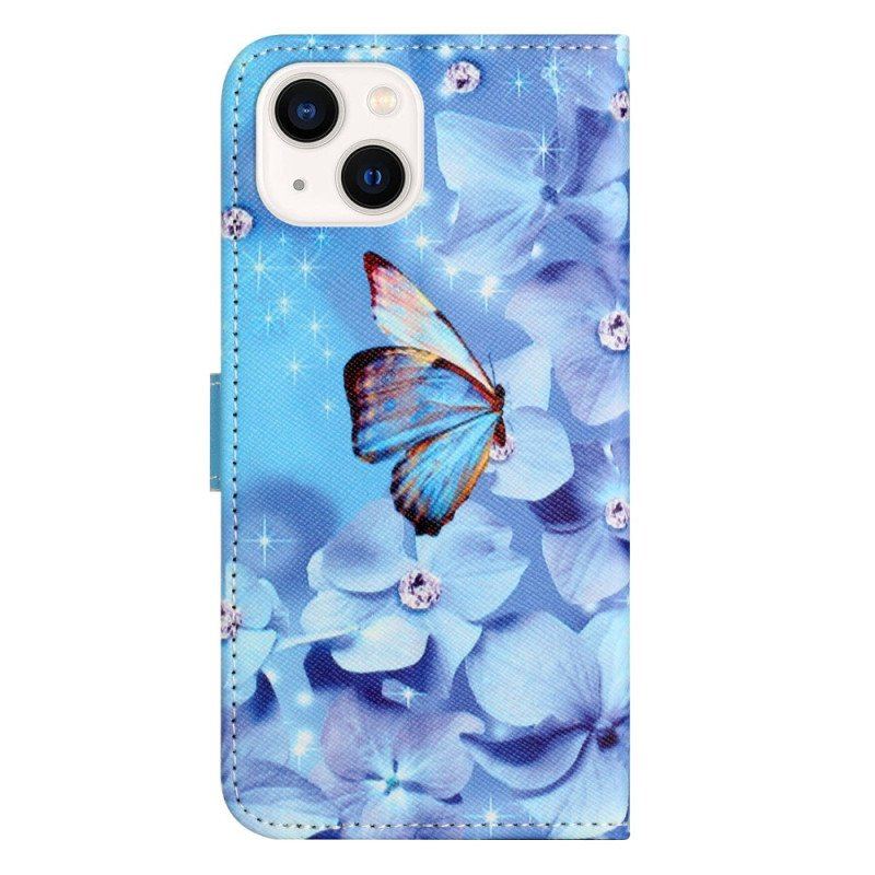 Folio-fodral iPhone 14 Plus Med Kedjar Strappy Diamond Butterflies