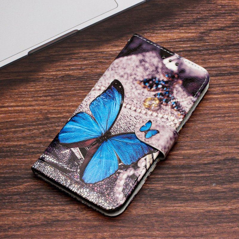 Folio-fodral Moto G73 5G Med Kedjar Precious Blue Butterfly Med Rem