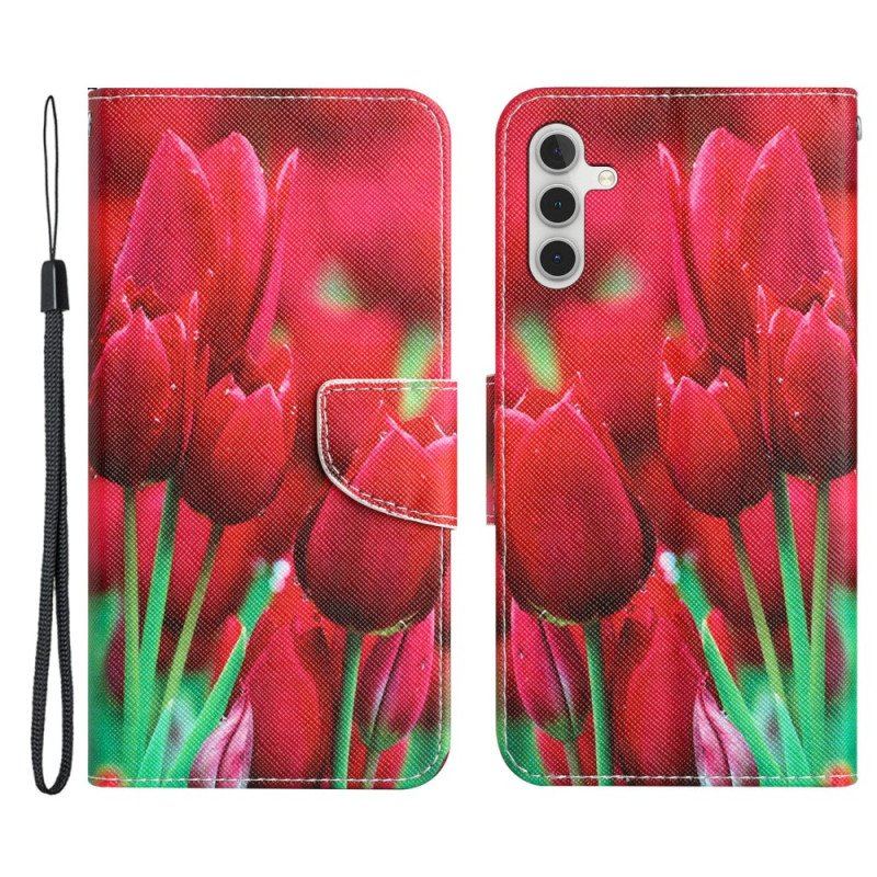 Folio-fodral Samsung Galaxy A54 5G Med Kedjar Rem Blommor