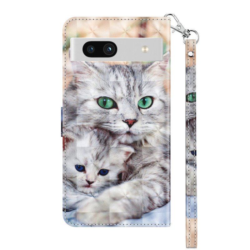 Läderfodral Google Pixel 7A Med Kedjar Strappy Cat Family