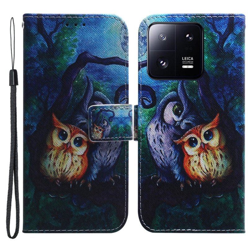 Läderfodral Xiaomi 13 Pro Med Kedjar Strappy Owls Målning