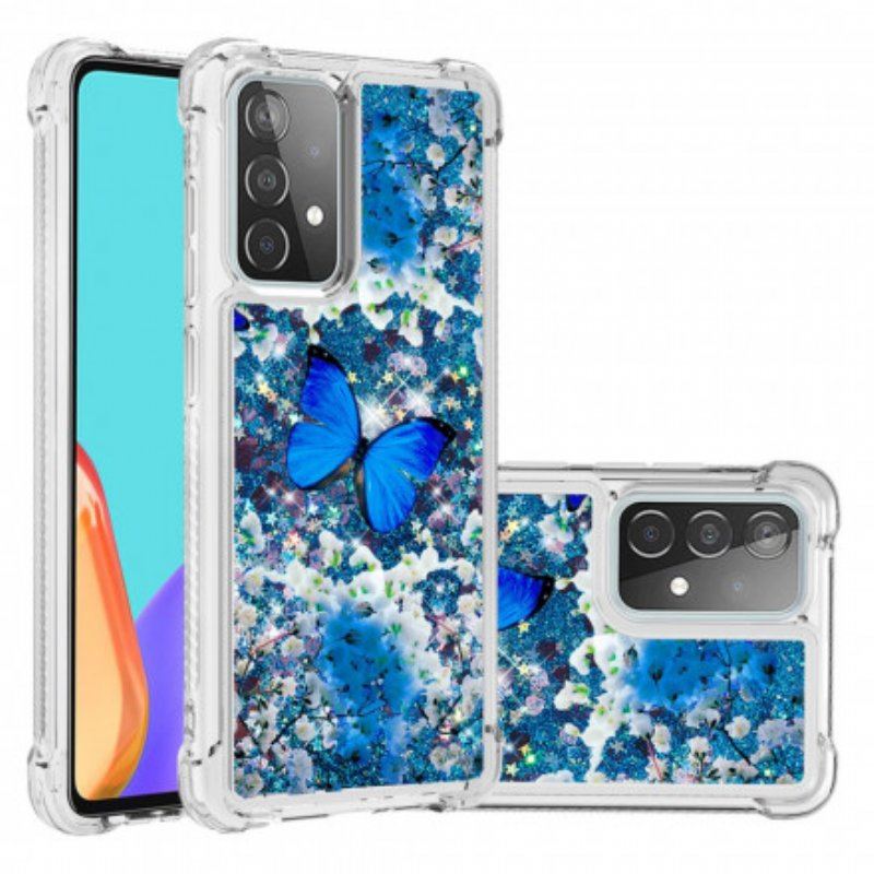 Skal Samsung Galaxy A52 4G / A52 5G / A52s 5G Glitter Blå Fjärilar